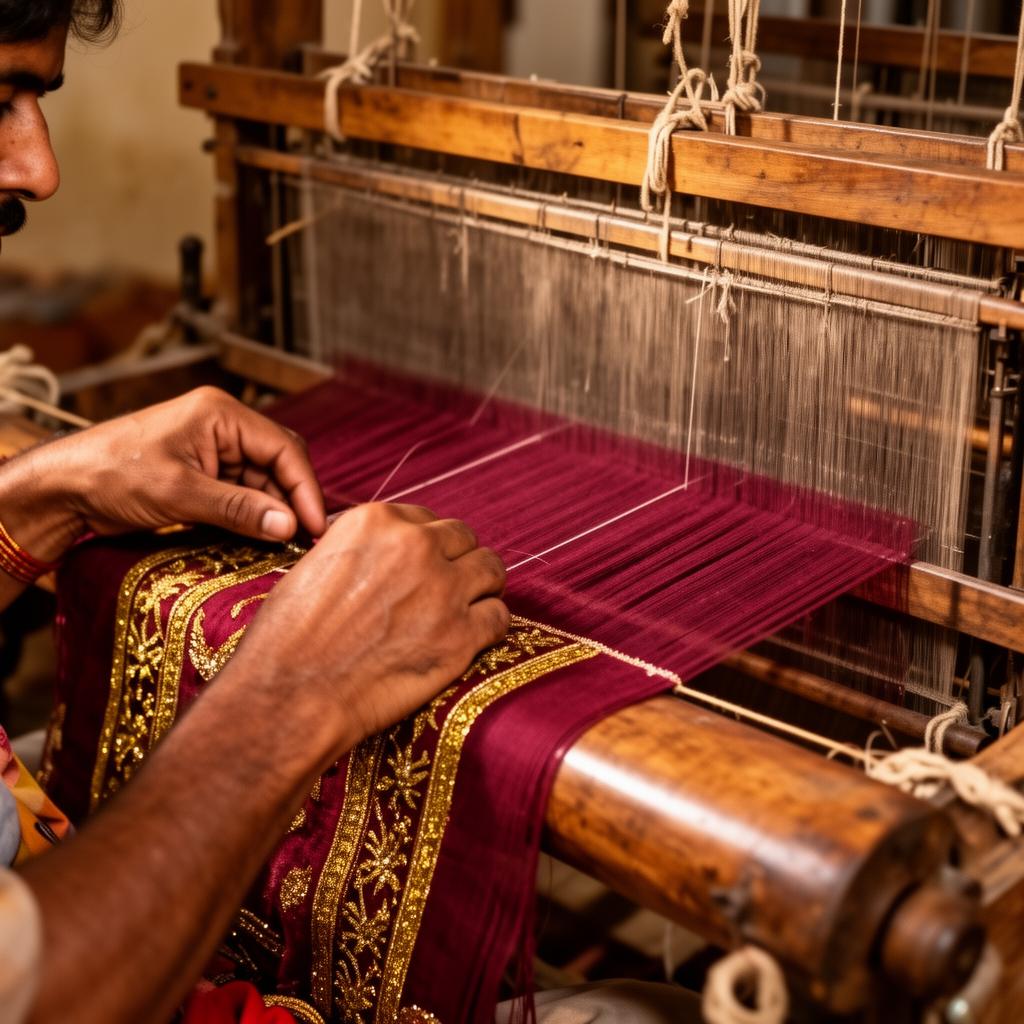Artisan weaving maroon and gold cloth by hand