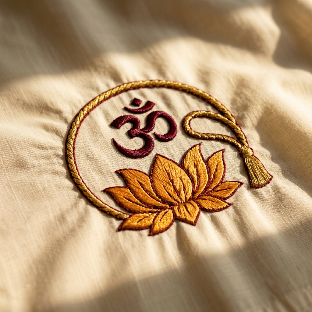 The Dharmik Threads emblem embroidered in maroon and gold on ivory cloth